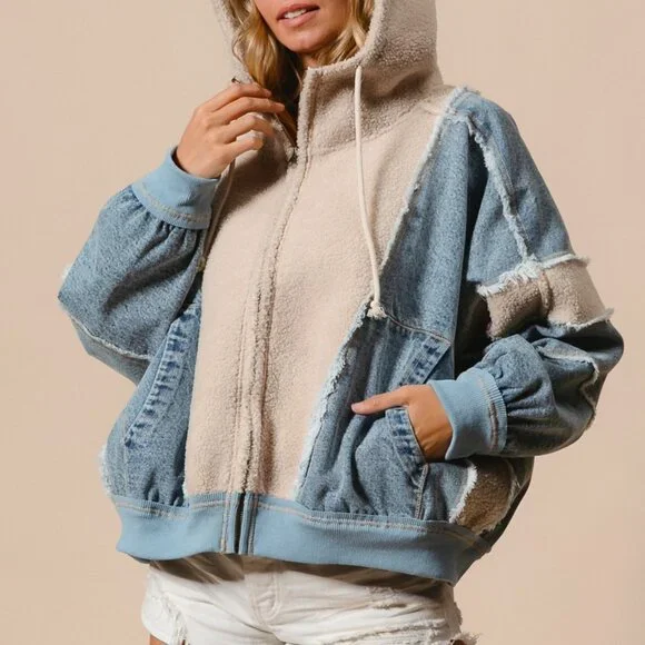 BIBI Oversized Patchwork Hoodie – Denim & Sherpa Zip Up, Streetwear Style - Picture 8 of 15